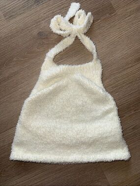 SKIMS Cozy Knit Bone Cream Fuzzy Halter Tie Crop Top